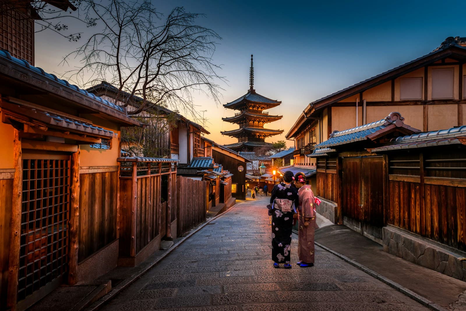 Traditional Kyoto street with the Yasaka Pagoda at sunset